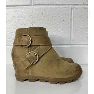 Sorel Joan Of Arctic Wedge II Buckle Brown Leather Boots Women's 6.5 NO INSOLES